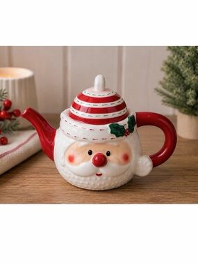 (NWT) HOLLY & MOSS • Red/White Christmas Holiday Santa Claus Teapot